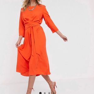 ASOS DESIGN tie wrap around midi skater dress in orange